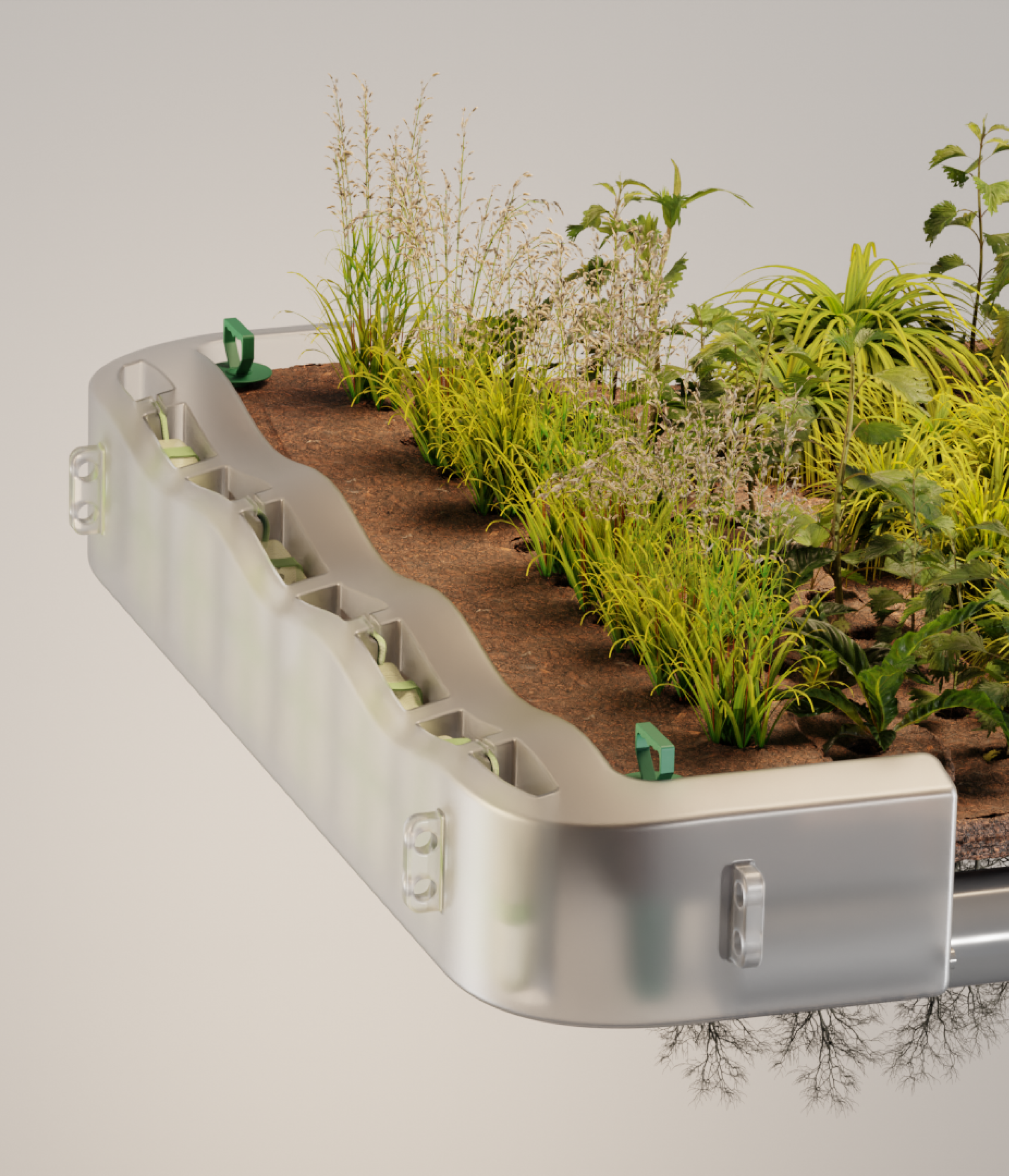 A render of three white cylindrical columns, against a warm creme background
