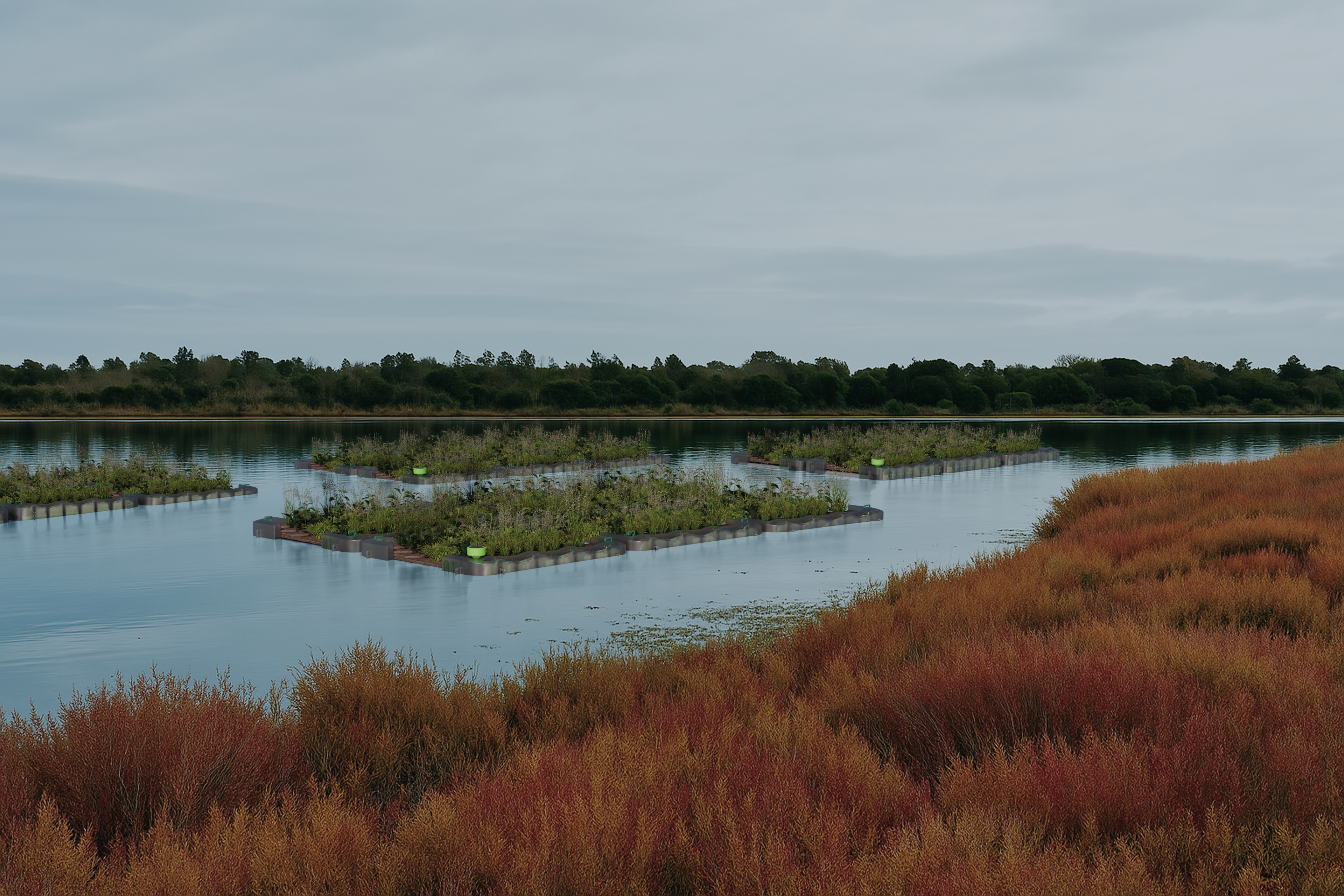 A render of three white cylindrical columns, against a warm creme background
