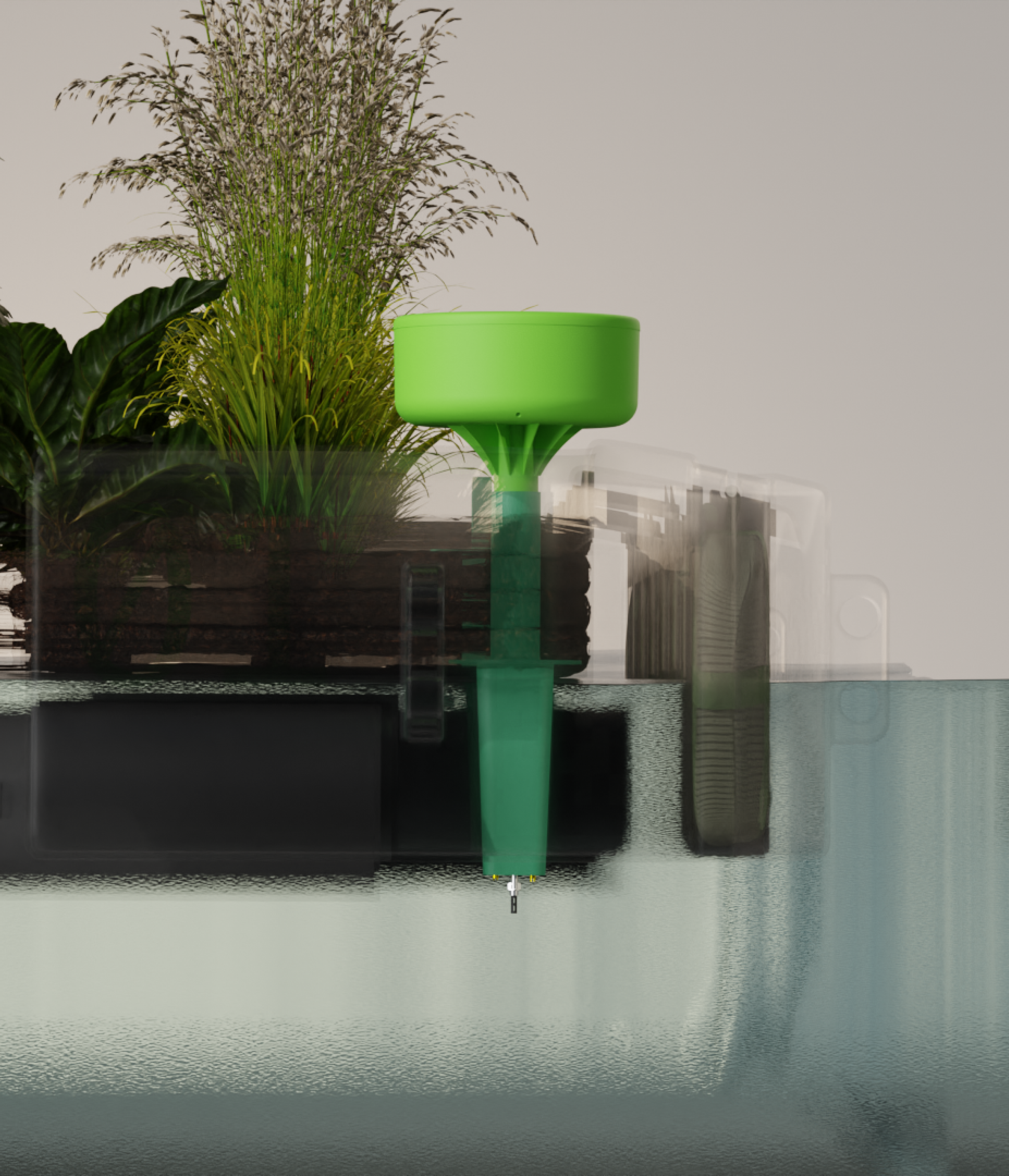 A render of three white cylindrical columns, against a warm creme background
