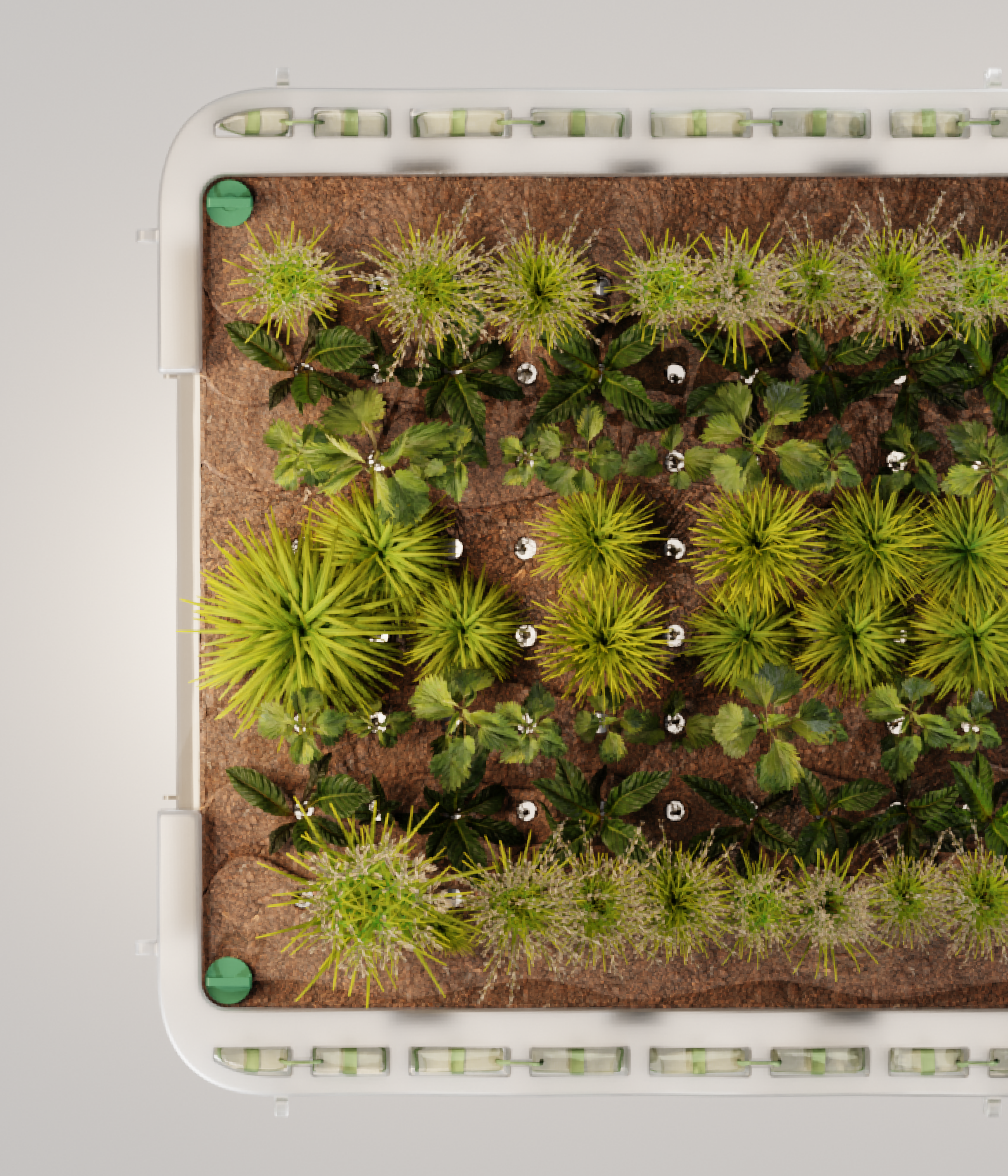 A render of three white cylindrical columns, against a warm creme background
