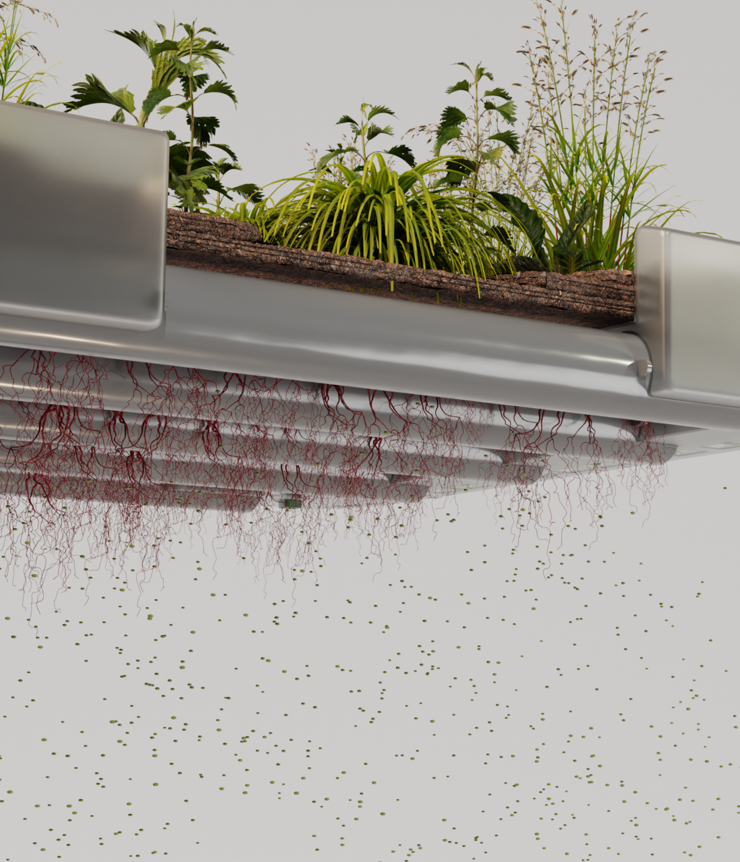 A render of three white cylindrical columns, against a warm creme background
